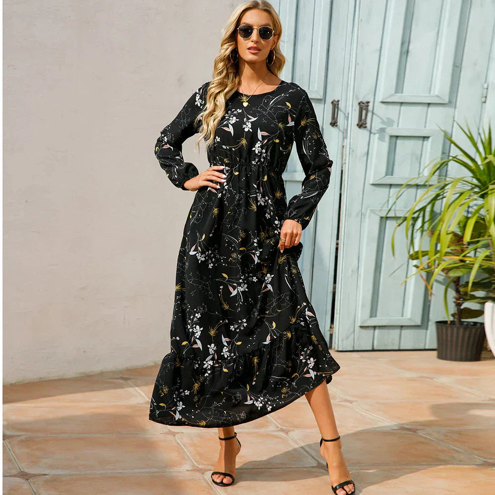 Women's Long Sleeve Maxi Dress with Floral Print and Cinched Waist