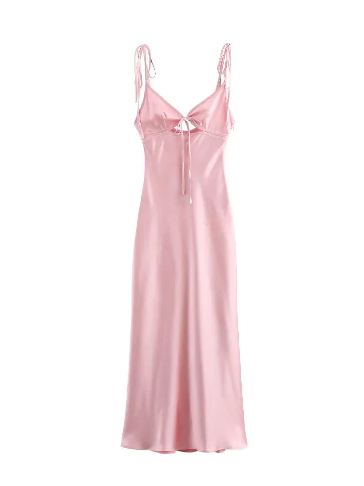 Women's Sleeveless Tie-Strap Maxi Dress with Front Drawstring Detail