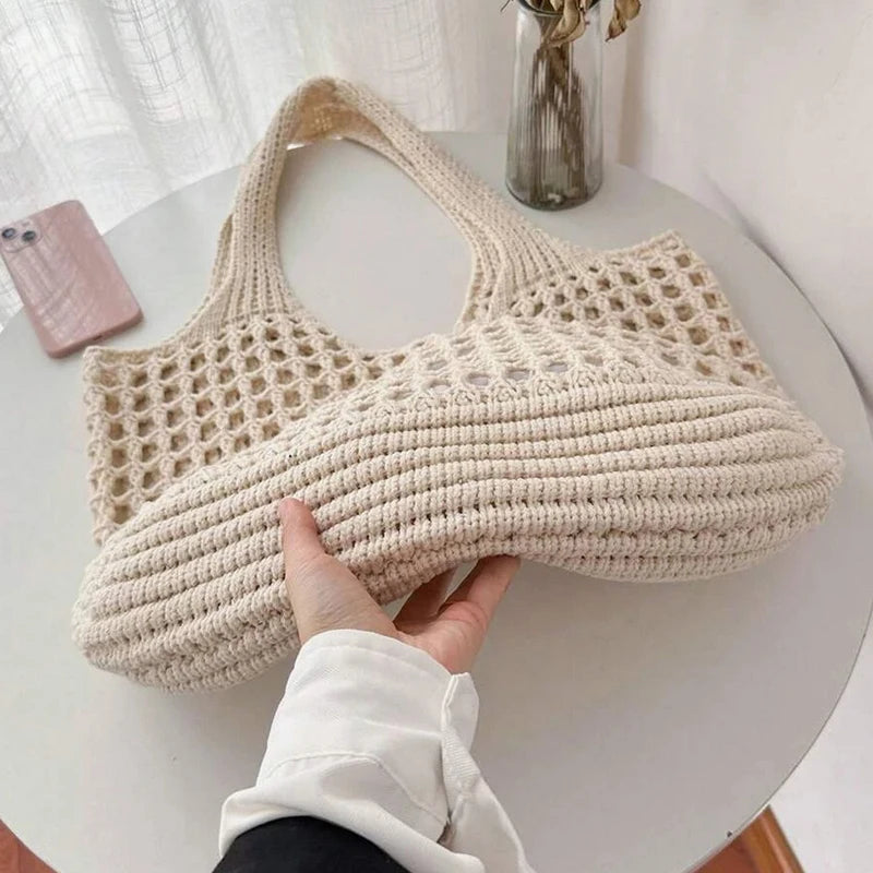 Women's Crochet Tote Bag with Hollow Knit and Large Capacity