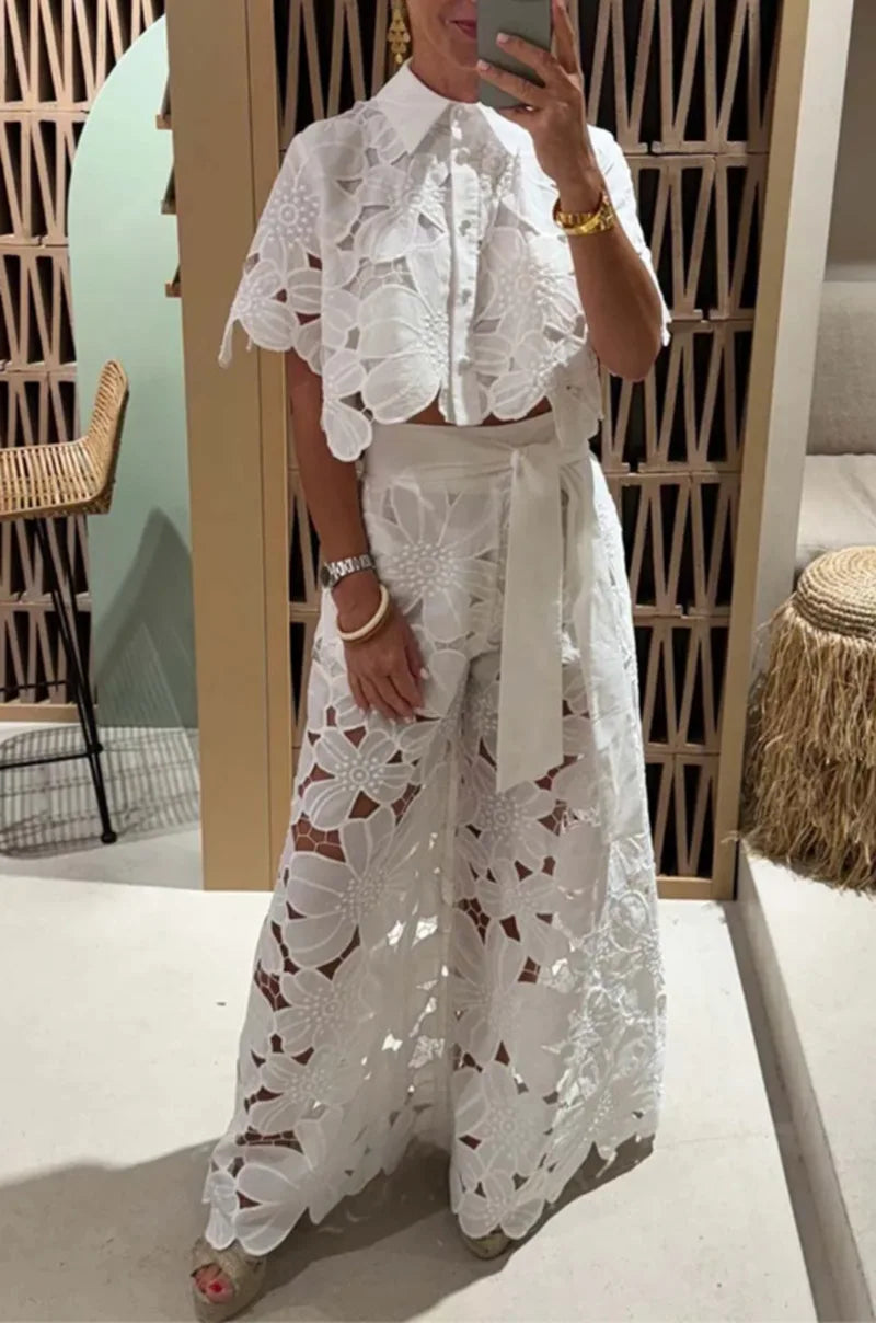 Women's Two Piece Set with Floral Cutout Shirt and Wide Leg Pants