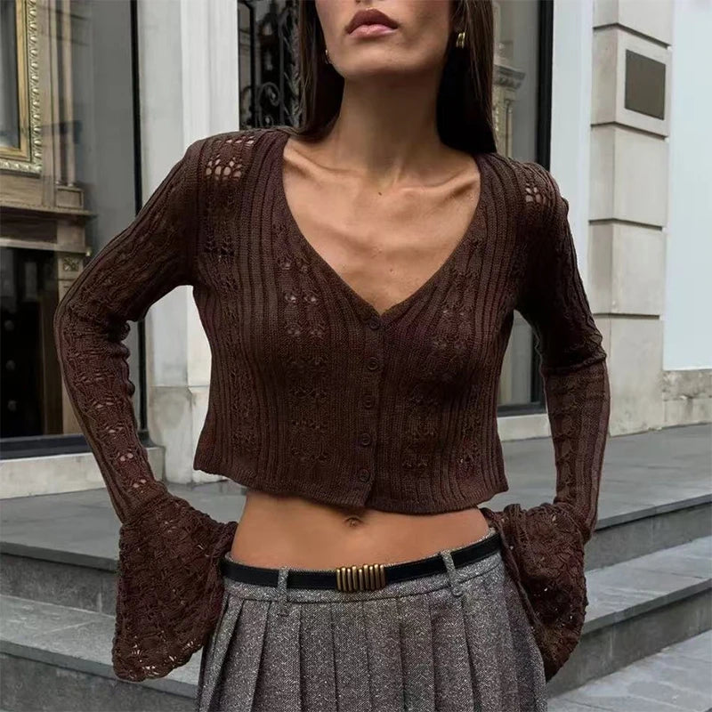 Women's Crochet Knit Long Sleeve Cardigan with V Neck and Button Front