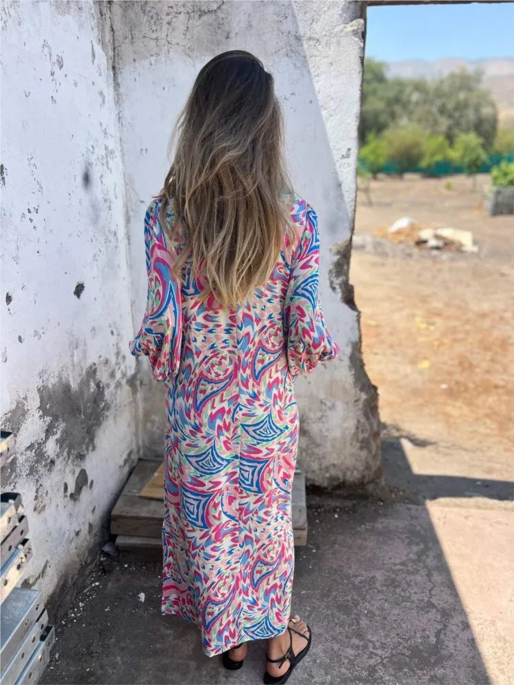 Women’s Printed Boho Maxi Dress with V-Neckline and Pockets