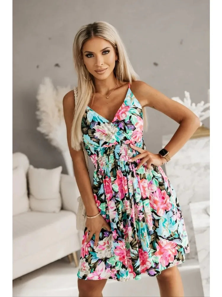 Women’s Floral Spaghetti Strap Wrap Mini Dress with Pleated A-Line Skirt