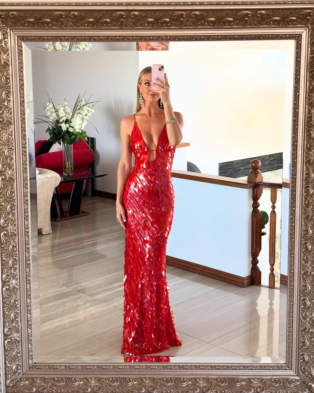 Women's Sequin Maxi Dress with Deep V-Neck and Slim Fit Cut