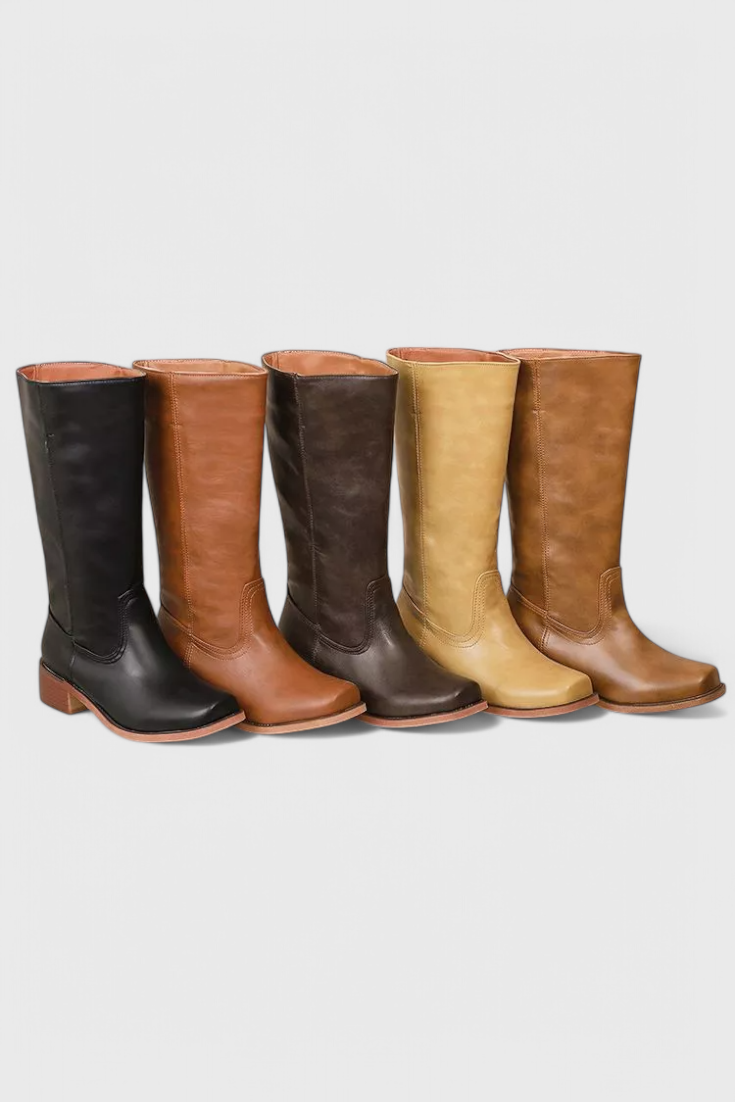 Women's Knee High Boots with Stacked Heel and Classic Round Toe