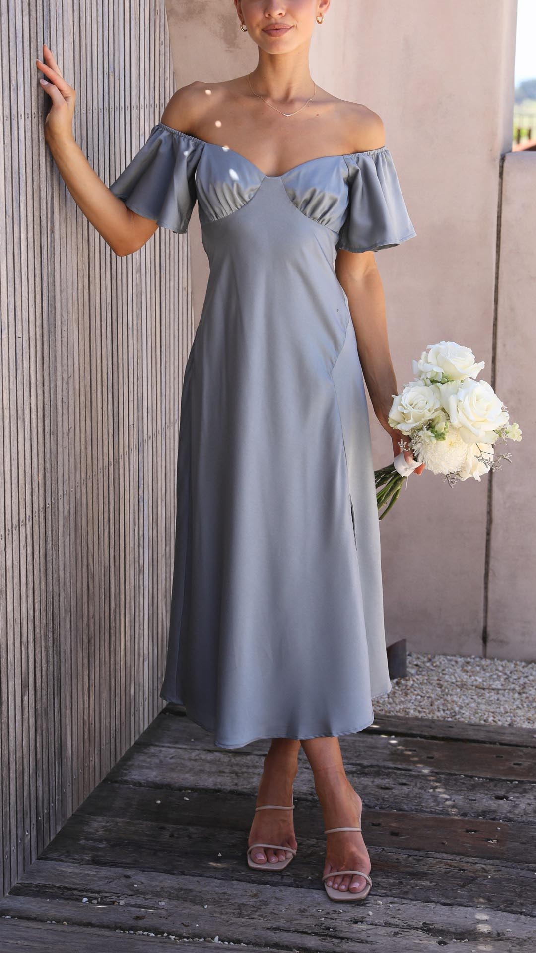 Women's Off-Shoulder Maxi Dress with Ruched Bust and Side Slit