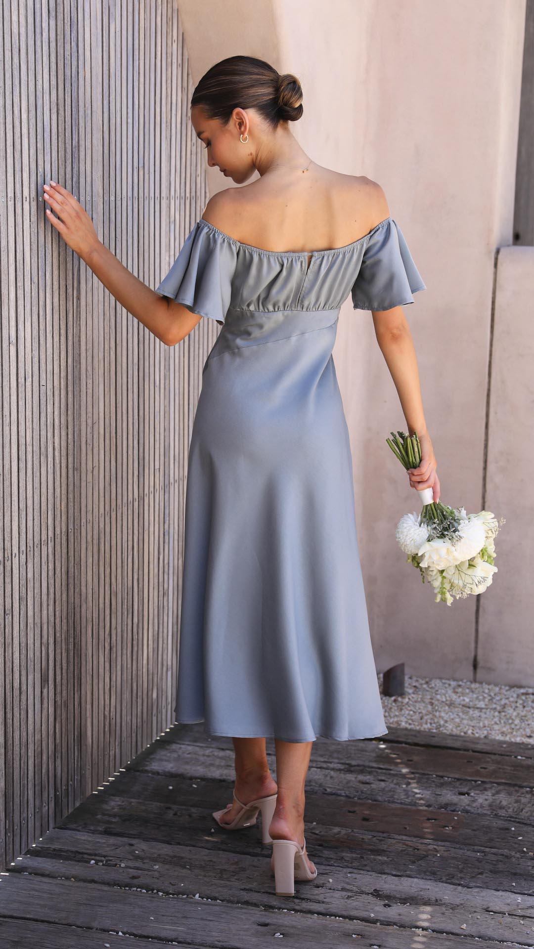 Women's Off-Shoulder Maxi Dress with Ruched Bust and Side Slit