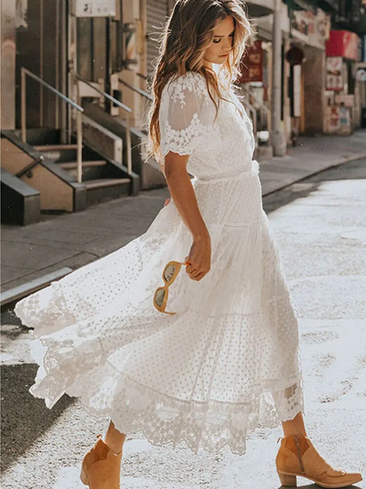 Women's Lace Detail V-Neck Maxi Dress with Short Sleeves