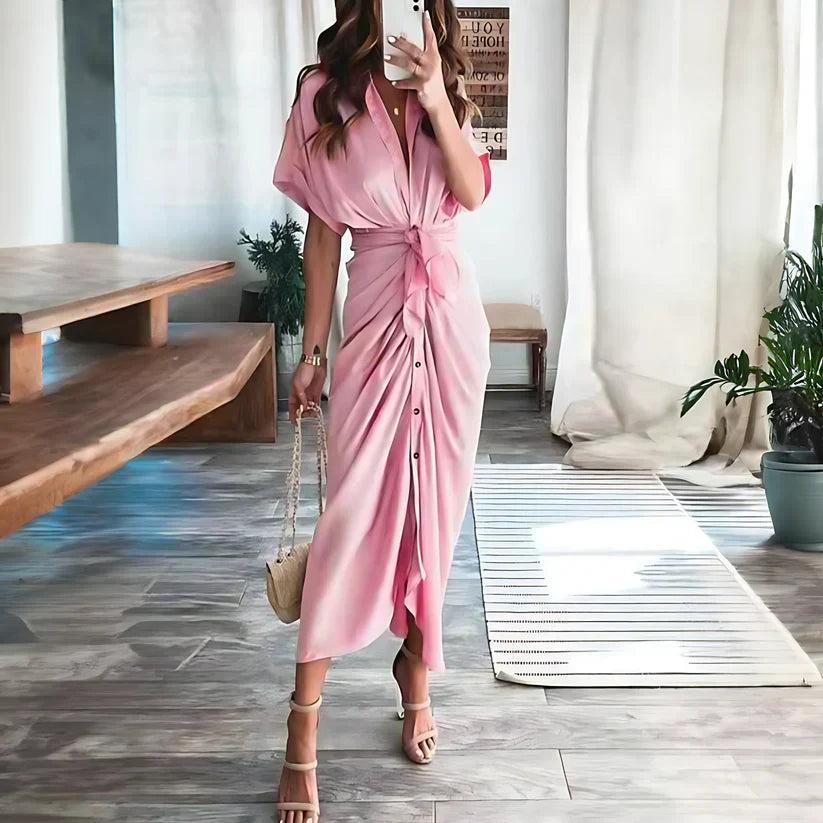 Women's Ruched Shirt Maxi Dress with Tie Waist and Button Front