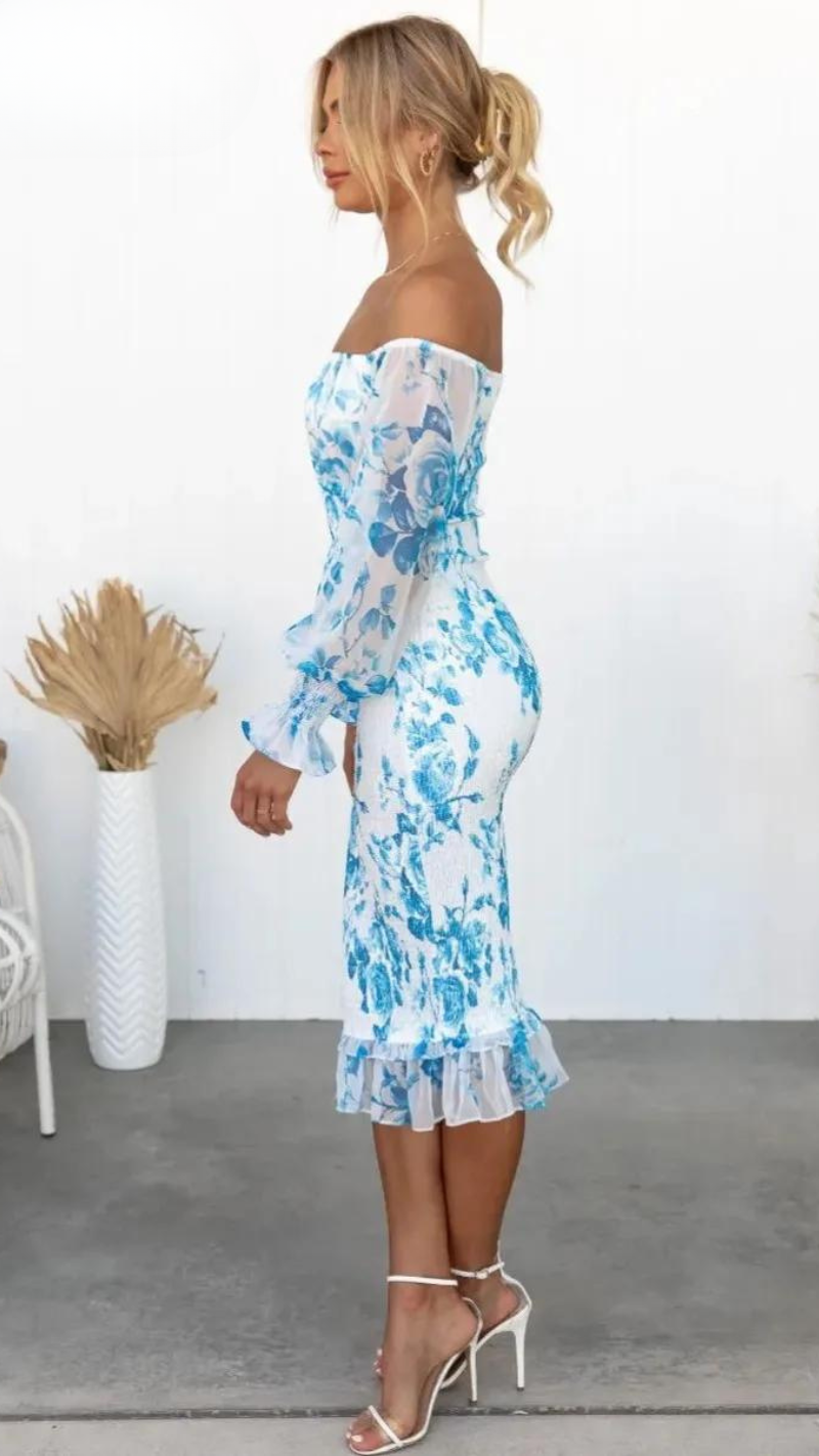 Women's Off-Shoulder Floral Bodycon Midi Dress with Puff Sleeves