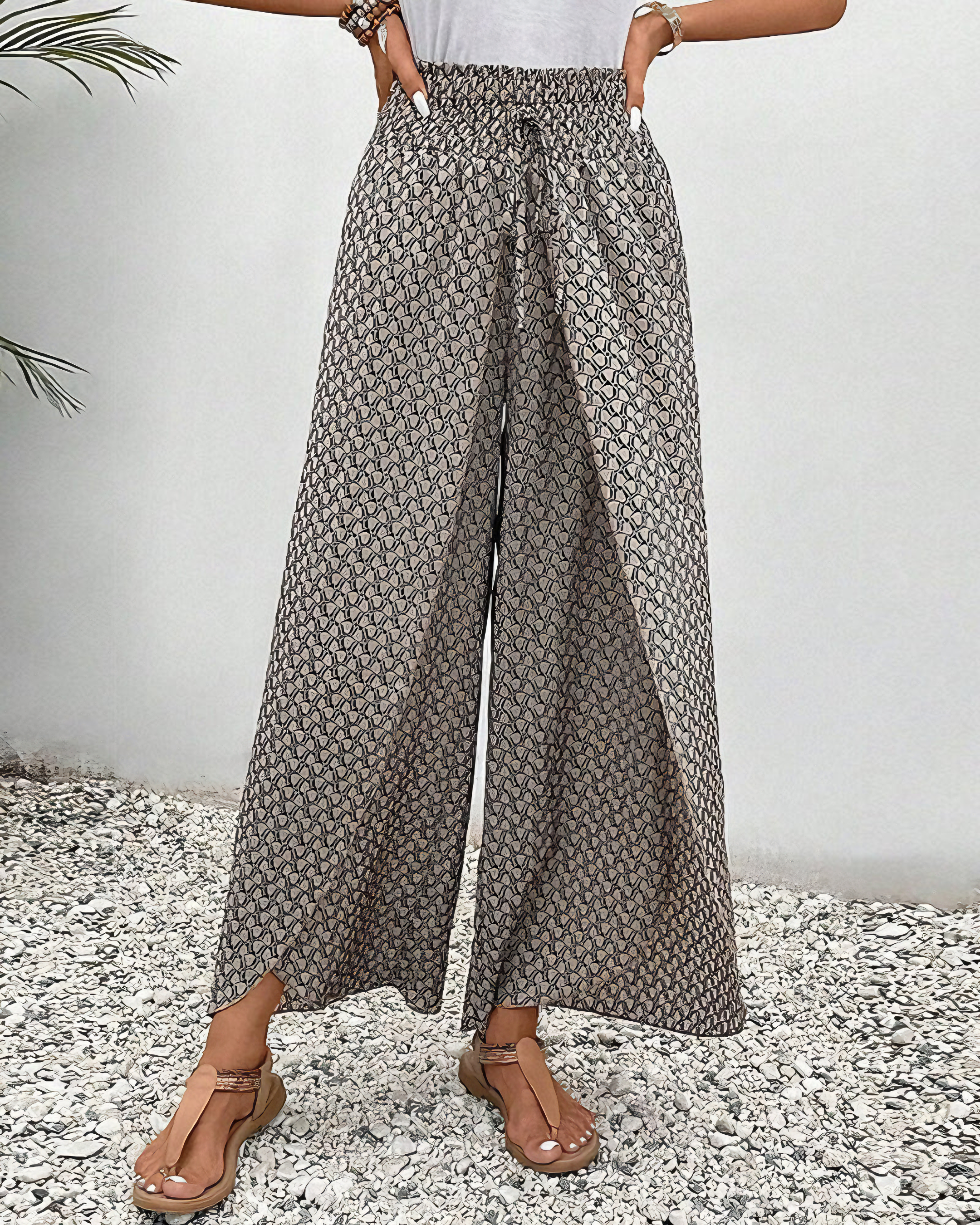 Women's Wide-Leg Patterned Pants with Elastic Waist