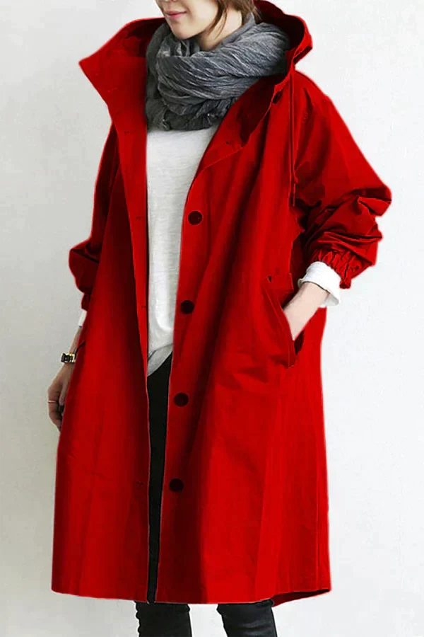 Women's Oversized Rain Jacket with Hood Button Front and Pockets