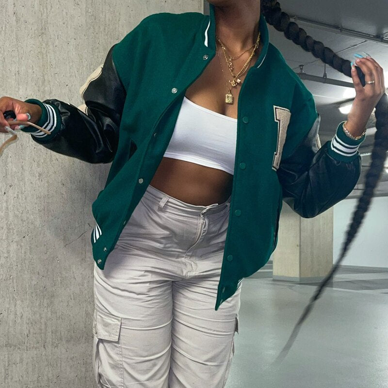 Women's Graphic Varsity Bomber Jacket with Bone Sleeve Design