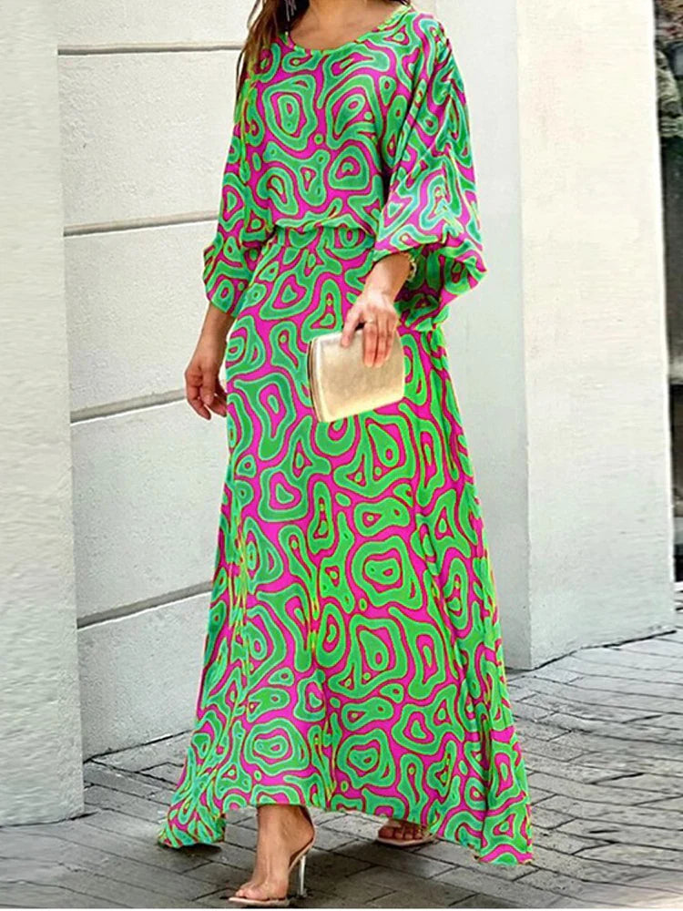 Women’s Colorful Abstract Print Maxi Dress with Flowing Sleeves