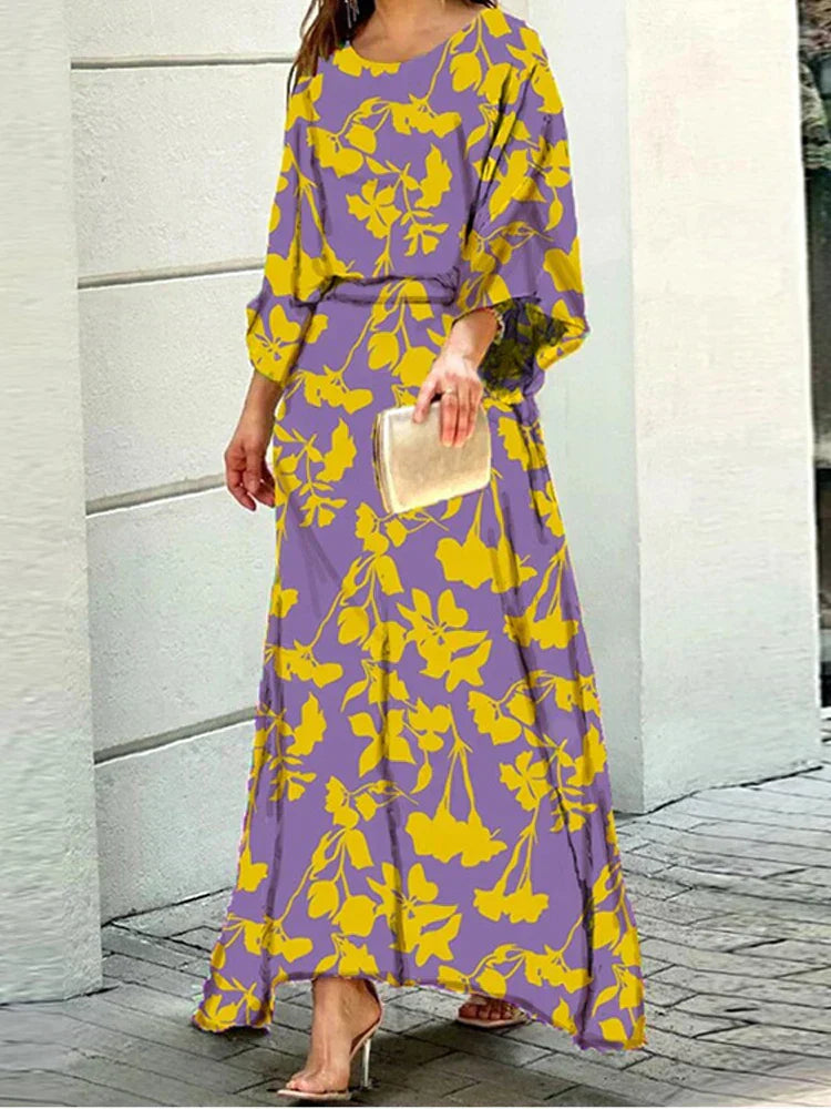 Women’s Colorful Abstract Print Maxi Dress with Flowing Sleeves