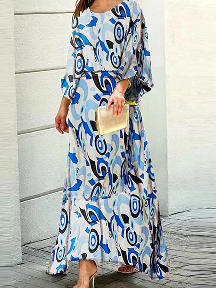 Women’s Colorful Abstract Print Maxi Dress with Flowing Sleeves