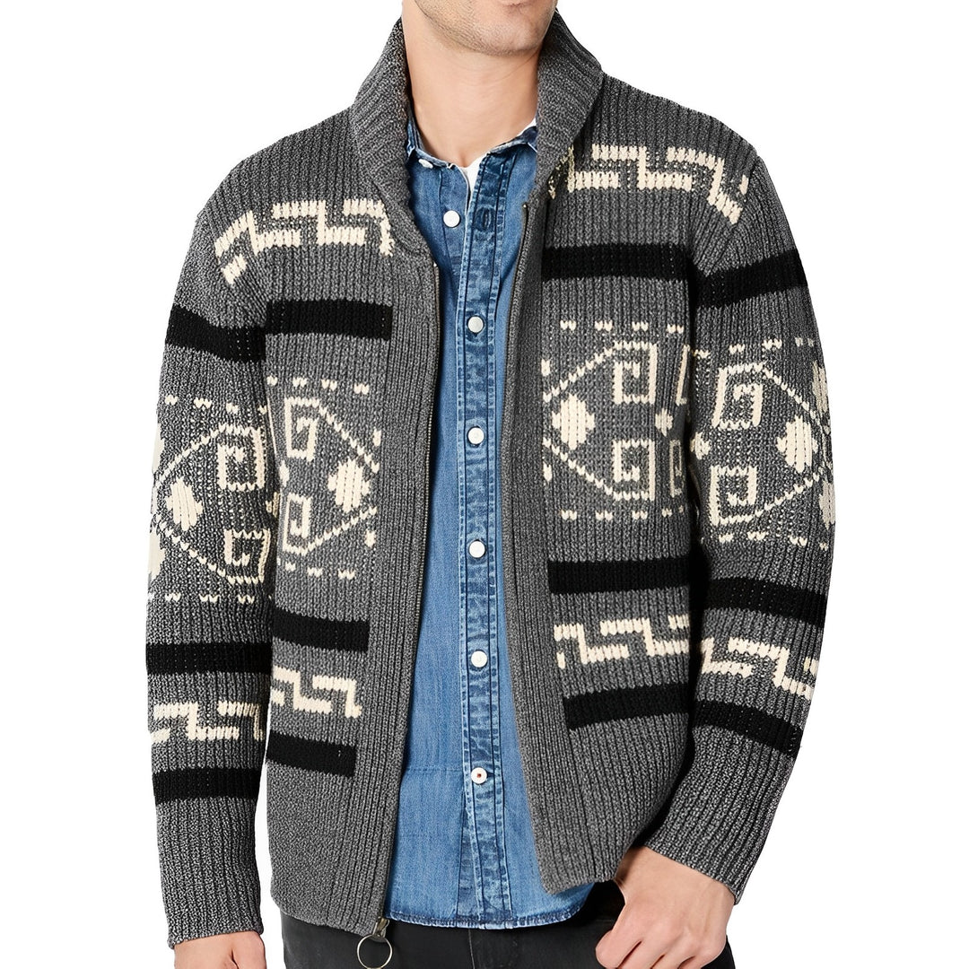 Men's Tribal Knit Zip-Up Cardigan with Shawl Collar and Patterned Design