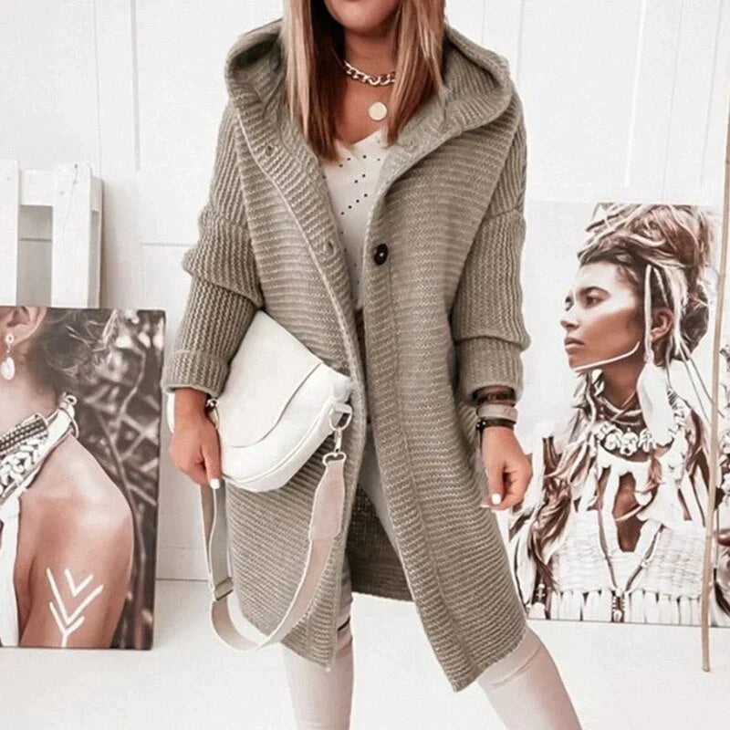 Women's Long Hooded Knit Cardigan with Button Front Design
