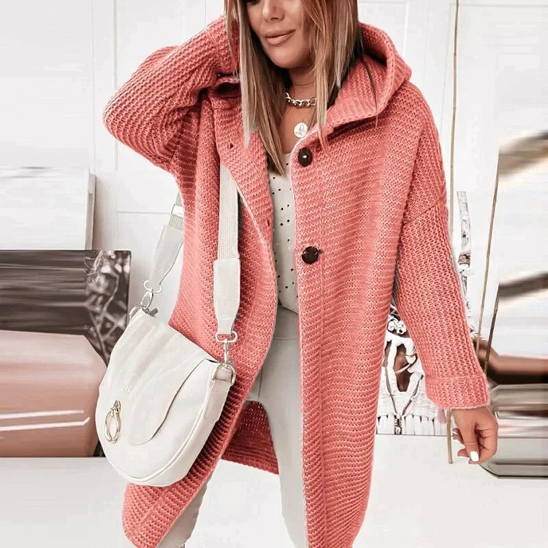 Women's Long Hooded Knit Cardigan with Button Front Design