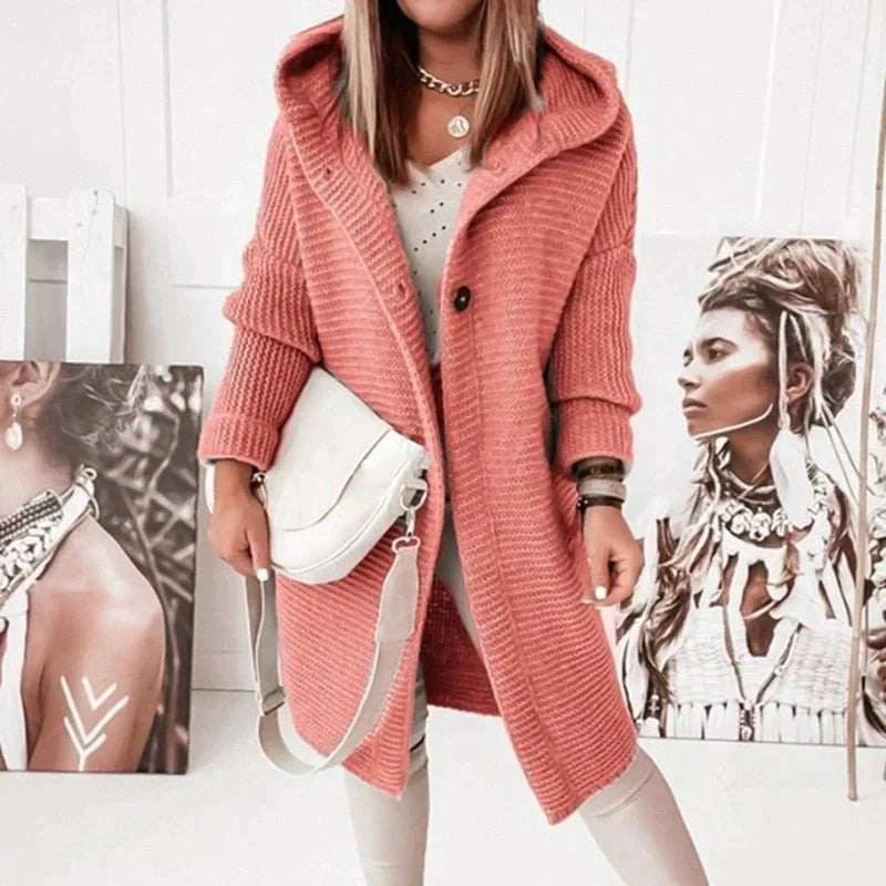 Women's Long Hooded Knit Cardigan with Button Front Design