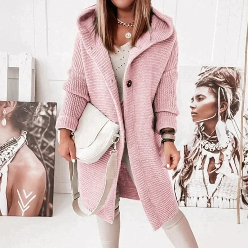 Women's Long Hooded Knit Cardigan with Button Front Design