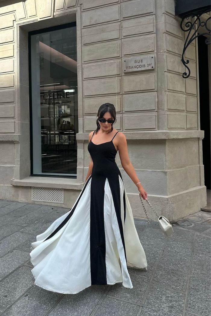 Women's Elegant Color Block Maxi Dress with Spaghetti Straps