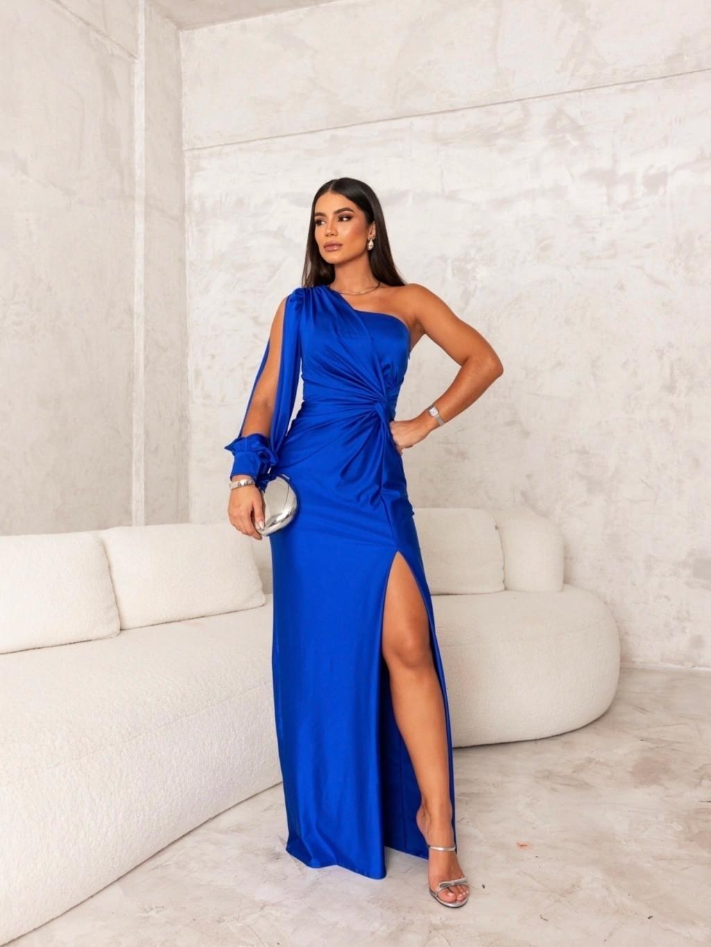 Women's One-Shoulder Maxi Dress with Slit and Knot Waist Detail