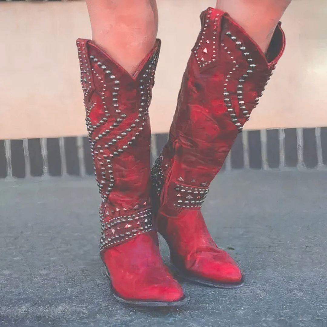 Women's Knee High Cowboy Boots with Rivet Detail Thick Heel and Side Zip