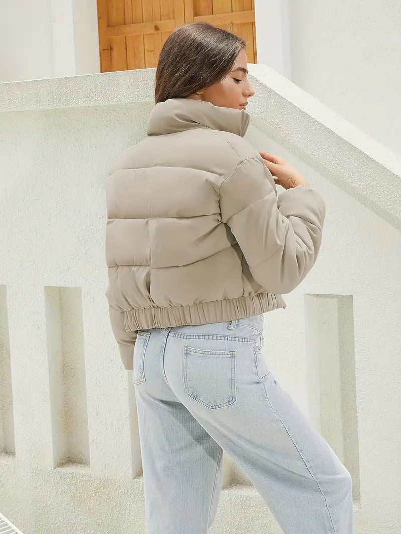 Women's Short Puffer Bomber Jacket with Zip Front and Elastic Hem