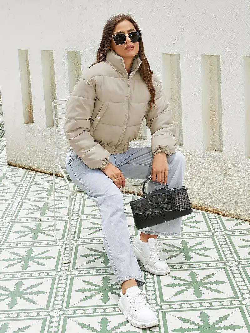Women's Short Puffer Bomber Jacket with Zip Front and Elastic Hem