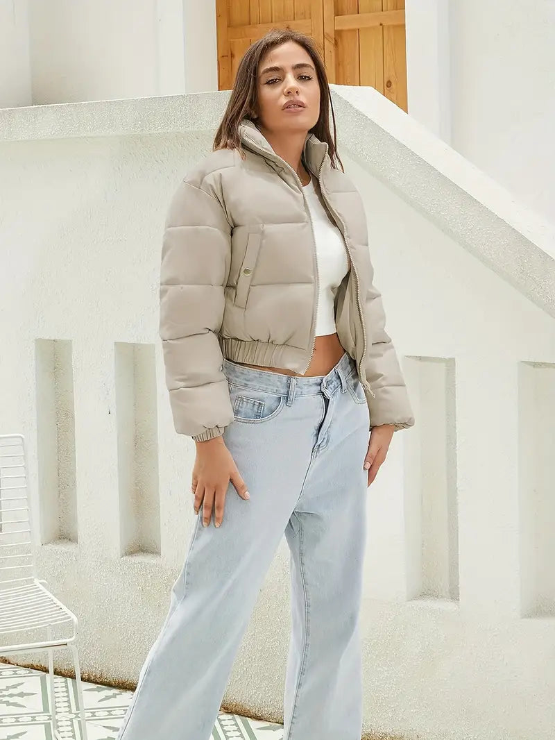 Women's Short Puffer Bomber Jacket with Zip Front and Elastic Hem