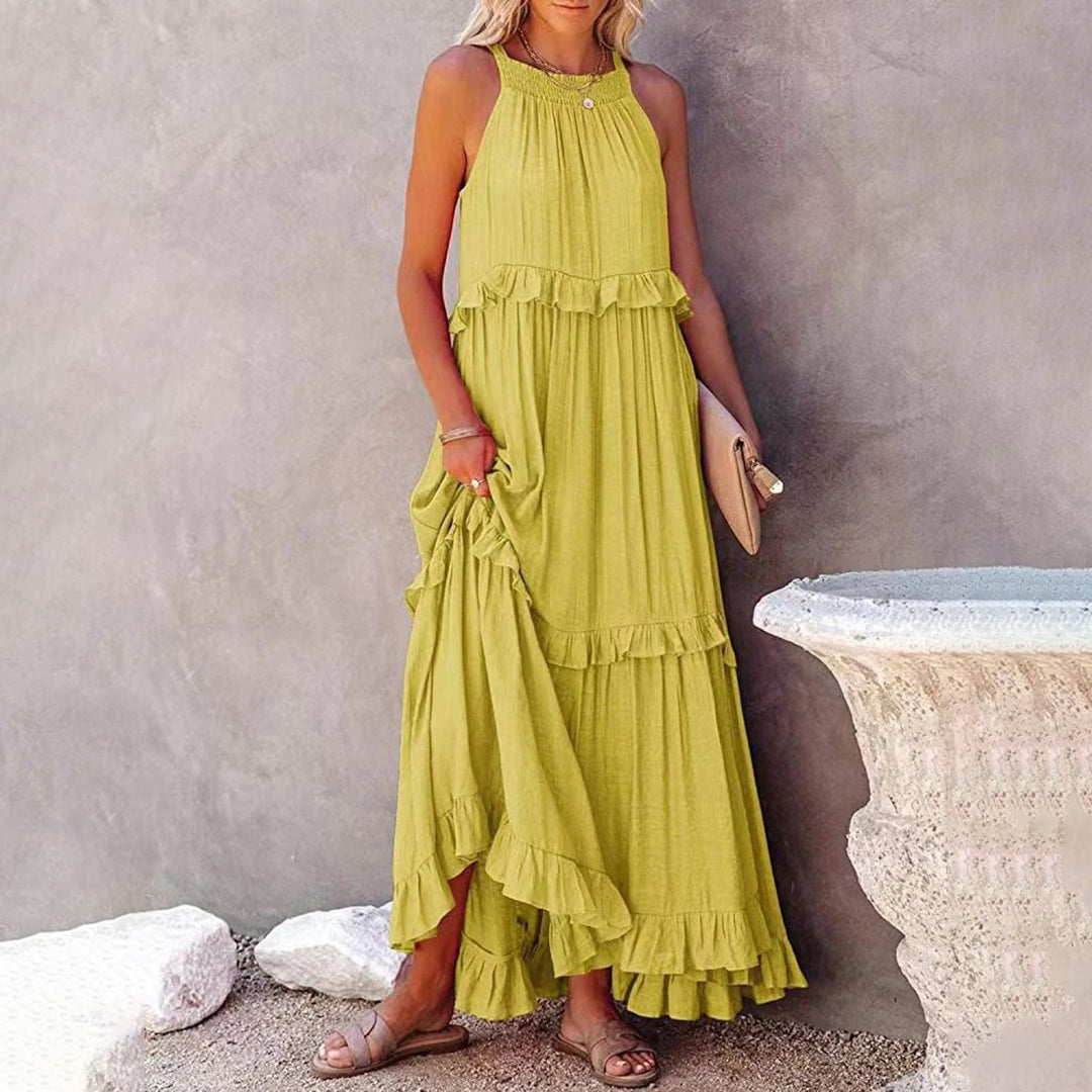 Women's Ruffled Halter Neck Maxi Dress with Layered Hemline