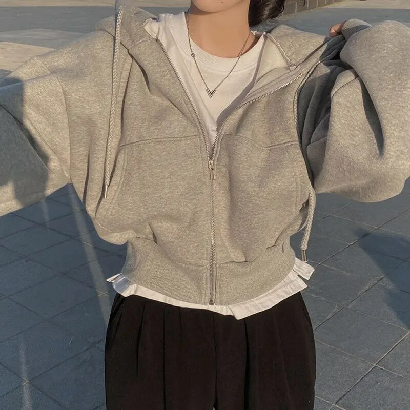 Women's Oversized Cropped Zip-Up Hoodie with Pockets