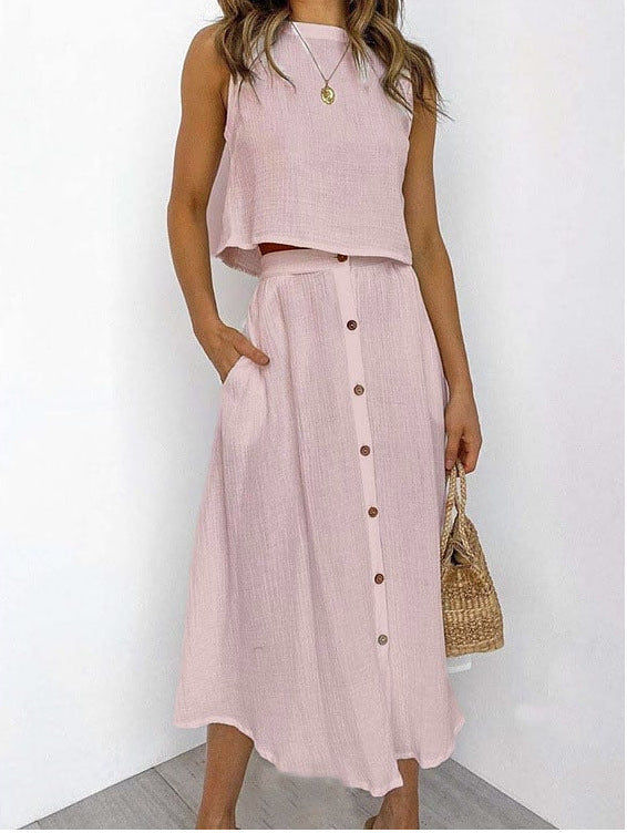 Women’s Two-Piece Button Skirt Set with Sleeveless Top and Pockets