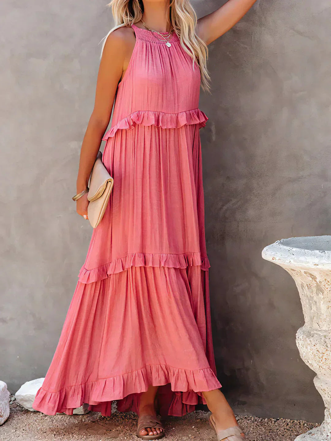 Women's Halterneck Maxi Dress with Ruffle Layers and Side Pockets