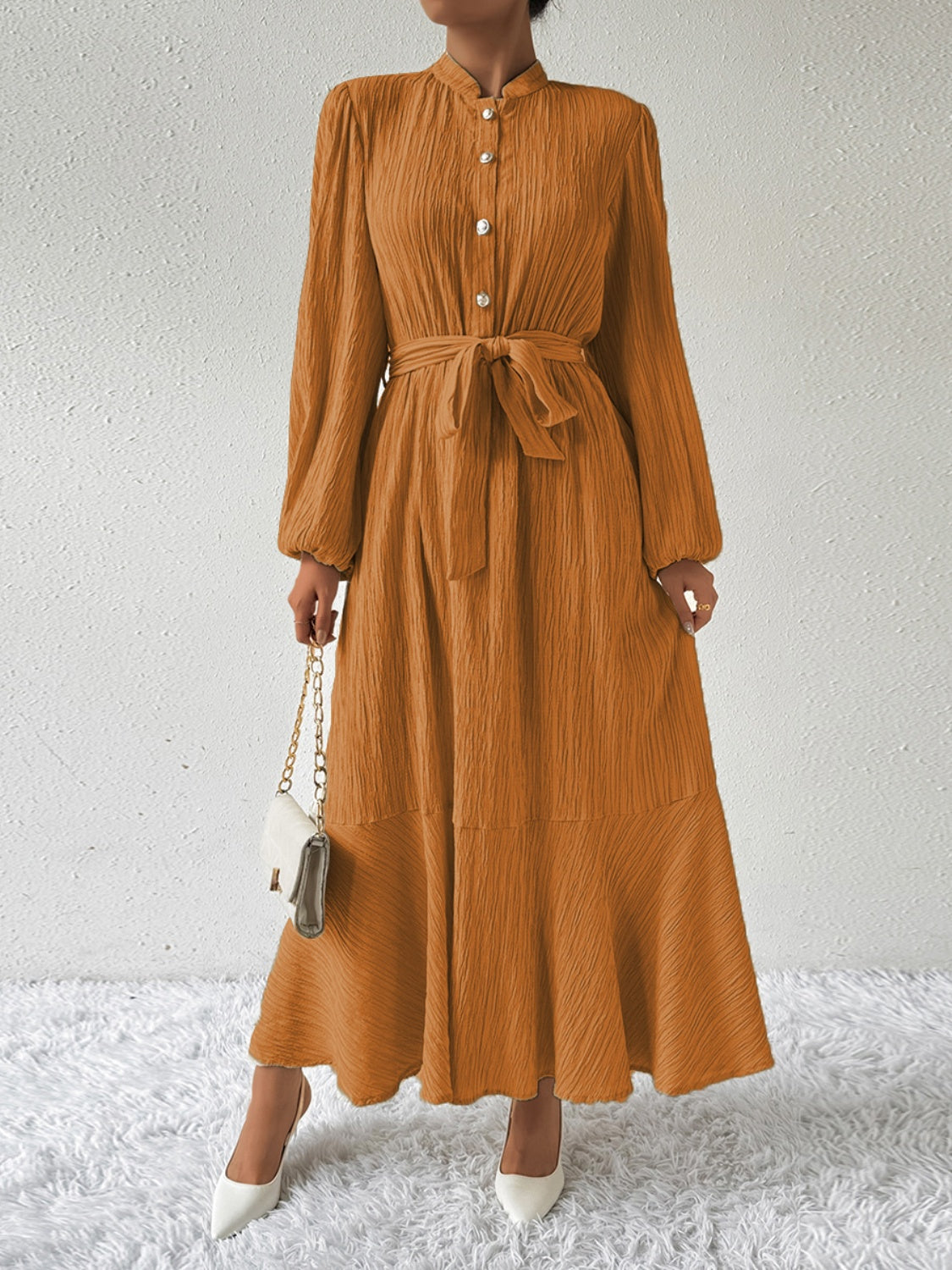 Women's Long-Sleeve Buttoned Maxi Dress with Waist Tie