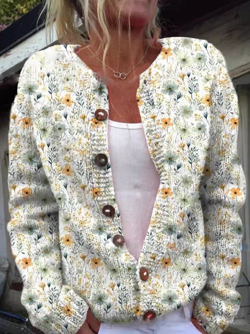 Women's Floral Knit Cardigan with Crew Neck and Button Closure