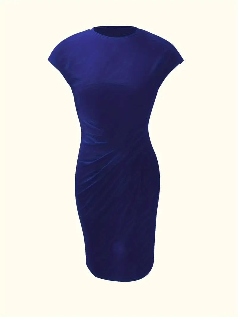 Women's Knee-Length Sheath Dress with Ruched Waist and Cap Sleeves