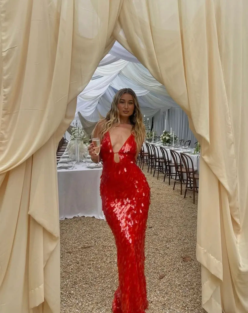 Women's Sequin Maxi Dress with Deep V-Neck and Slim Fit Cut