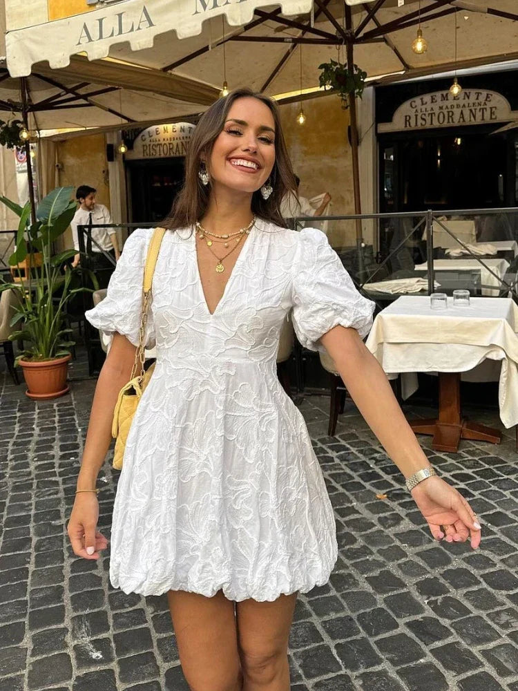 Women's Short Puff Sleeve Mini Dress with Textured Detail