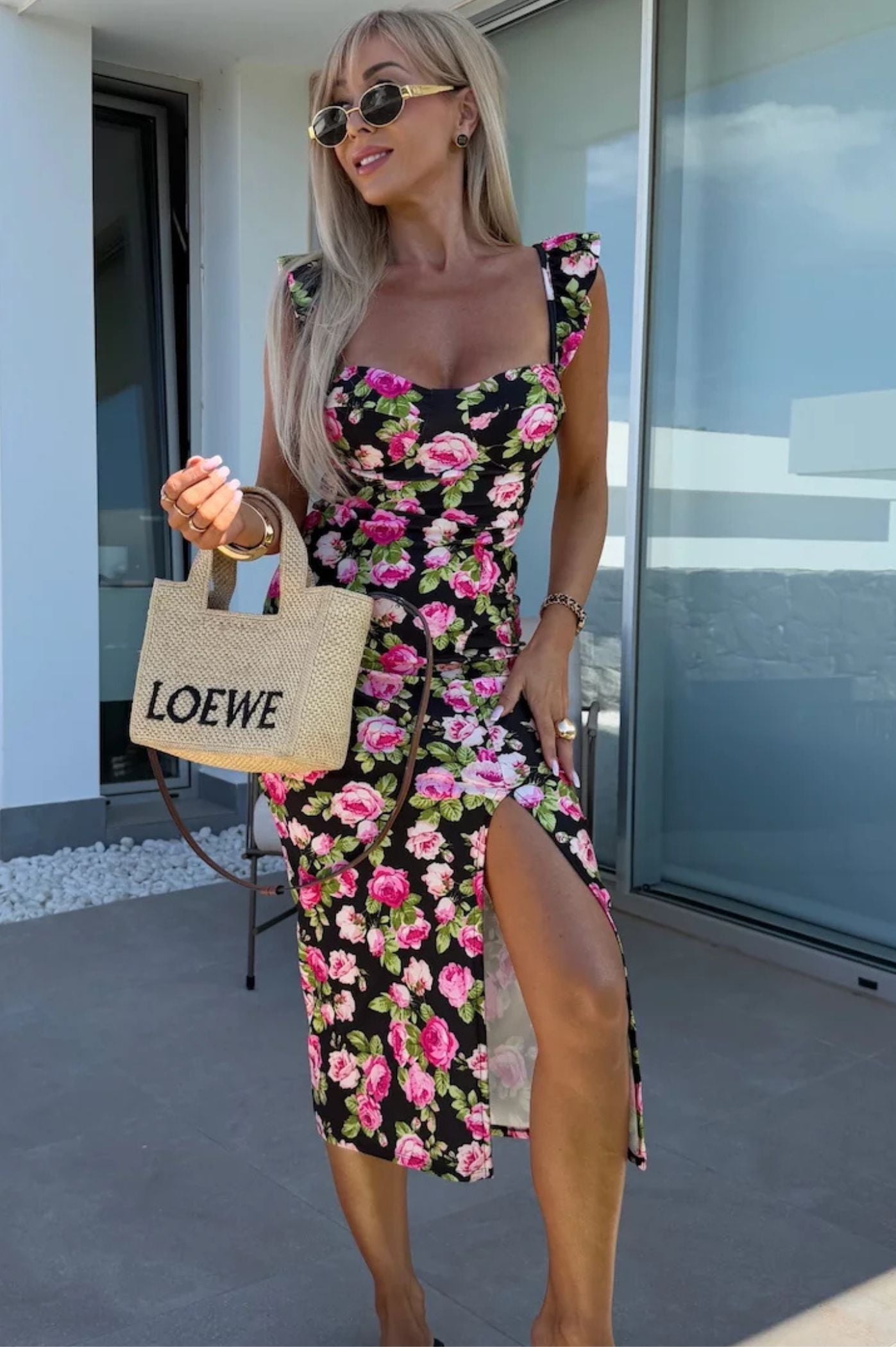 Women's Sleeveless Midi Dress with Side Slit and Ruched Waist
