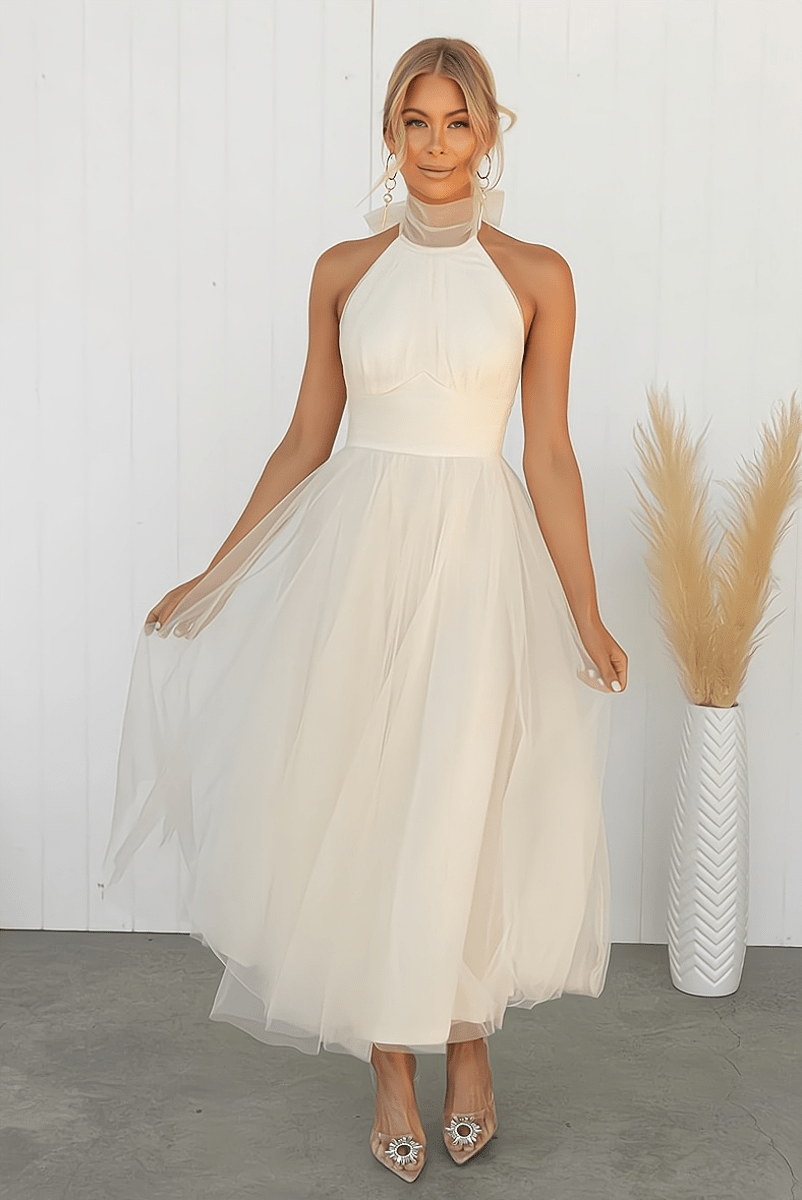 Women's Halter Neck Tulle Dress with Fitted Waist and Mid Length Skirt