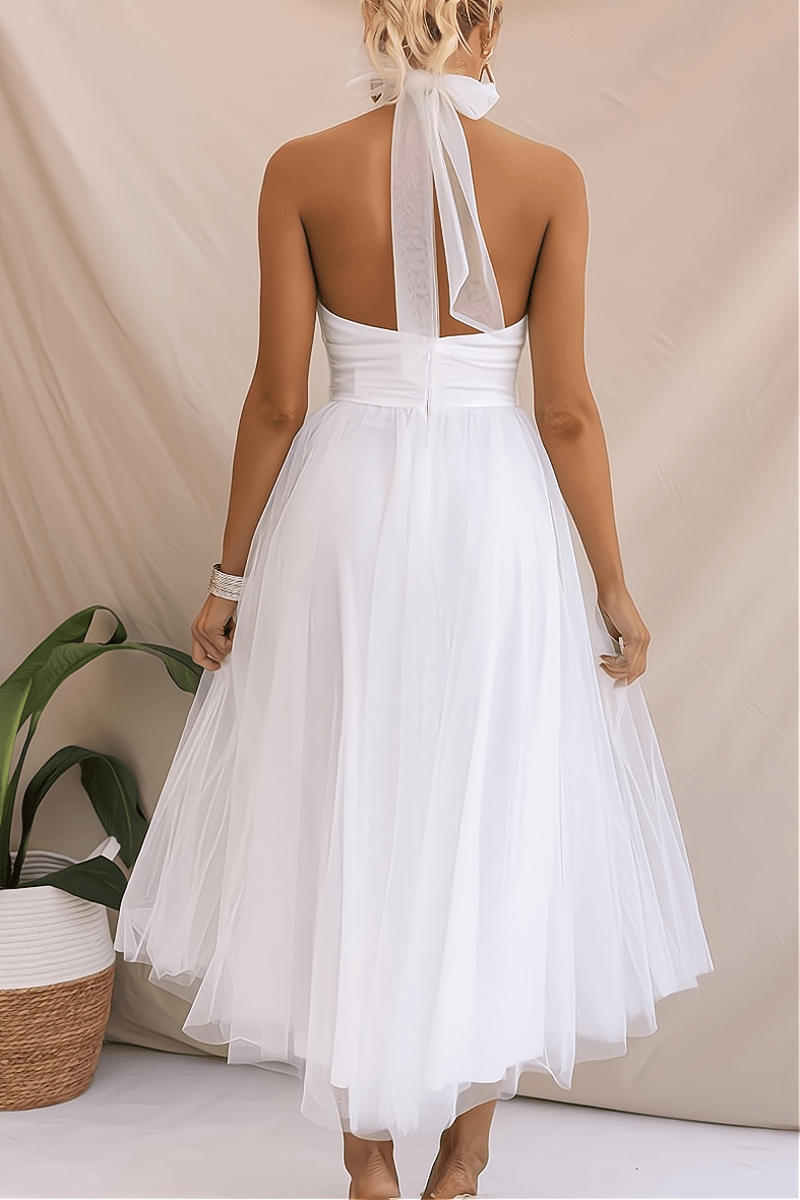 Women's Halter Neck Tulle Dress with Fitted Waist and Mid Length Skirt