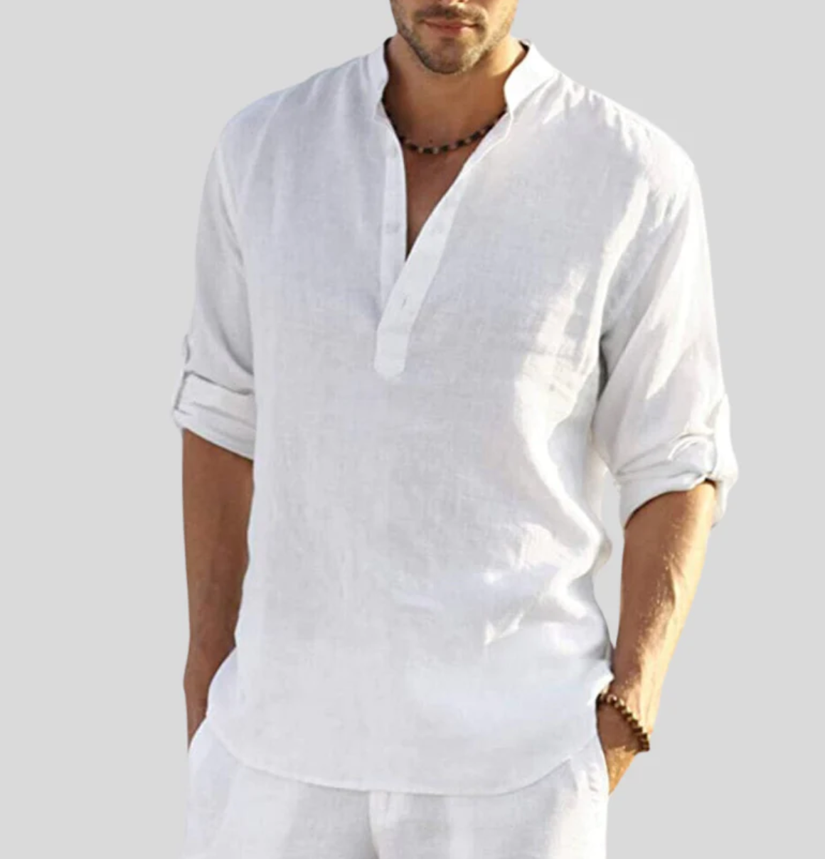 Men's Long-Sleeve Casual Shirt with Mandarin Collar and Half Placket