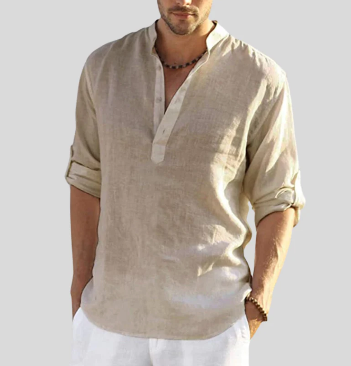 Men's Long-Sleeve Casual Shirt with Mandarin Collar and Half Placket