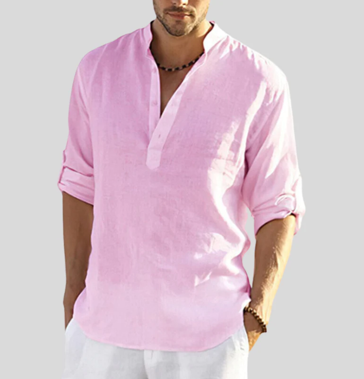 Men's Long-Sleeve Casual Shirt with Mandarin Collar and Half Placket