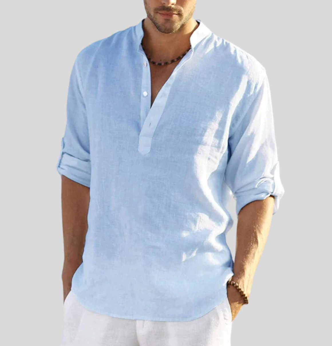 Men's Long-Sleeve Casual Shirt with Mandarin Collar and Half Placket