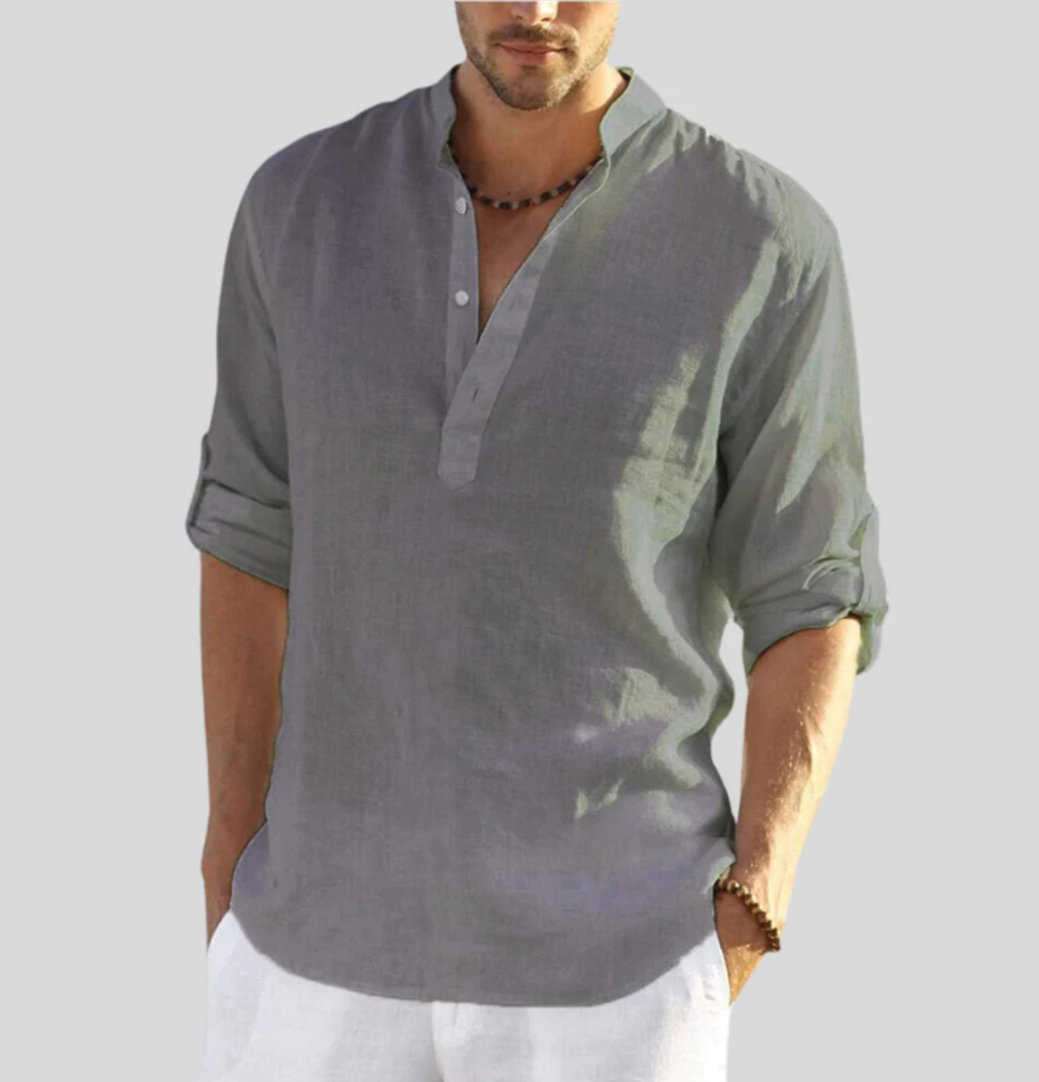 Men's Long-Sleeve Casual Shirt with Mandarin Collar and Half Placket
