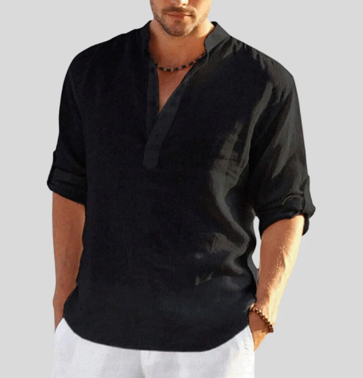 Men's Long-Sleeve Casual Shirt with Mandarin Collar and Half Placket