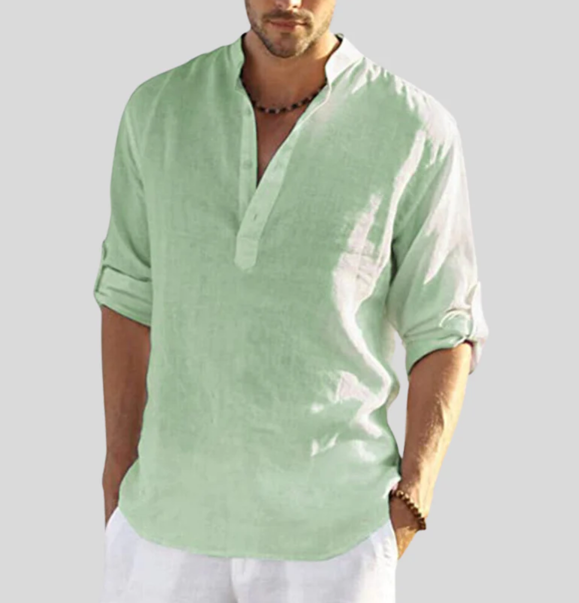 Men's Long-Sleeve Casual Shirt with Mandarin Collar and Half Placket